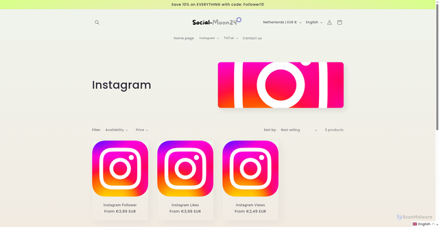 Security scan screenshot of https://social-moon24.nl/collections/instagram