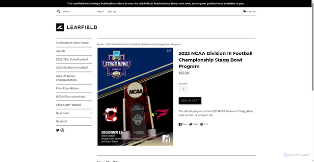 Security scan screenshot of https://publications.learfield.com/products/2023-ncaa-division-iii-football-championship-stagg-bowl-program