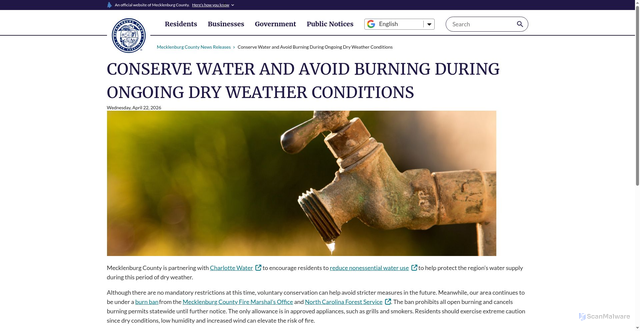 Security scan screenshot of https://news.mecknc.gov/conserve-water-and-avoid-burning-during-ongoing-dry-weather-conditions