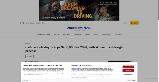 Security scan screenshot of https://www.autonews.com/general-motors/cadillac/an-cadillac-celestiq-ev-higher-starting-price-1029/