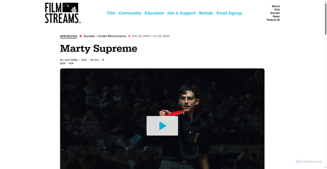 Security scan screenshot of https://filmstreams.org/films/marty-supreme