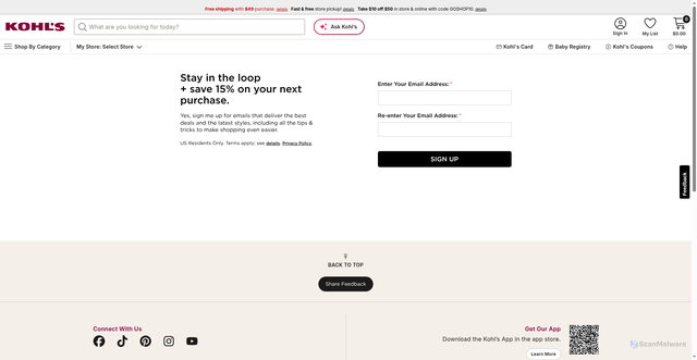 Security scan screenshot of https://www.kohls.com/homepage/sale_alert_signup.jsp?om_mid=_Post-Purchase_TGR&om_etid=&TID=&TID_2=&mi_u=609693798&mi_ecmp=1023465_20261027