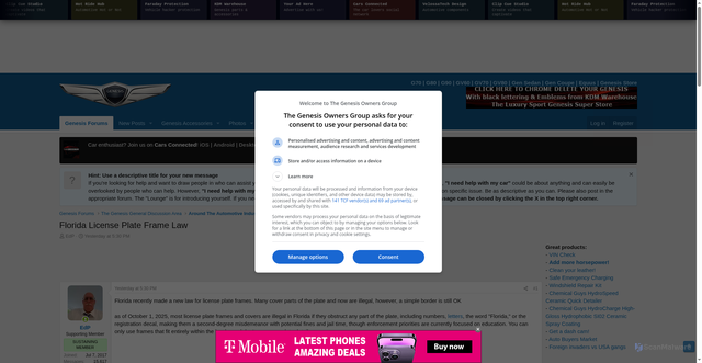 Security scan screenshot of https://genesisowners.com/genesis-forum/threads/florida-license-plate-frame-law.56464/