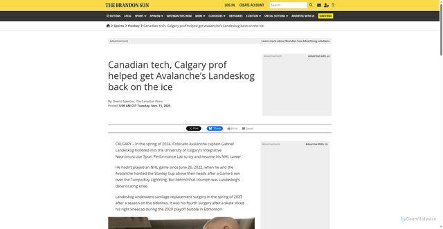 Security scan screenshot of https://www.brandonsun.com/sci-tech/2025/11/11/canadian-tech-calgary-prof-helped-get-avalanches-landeskog-back-on-the-ice