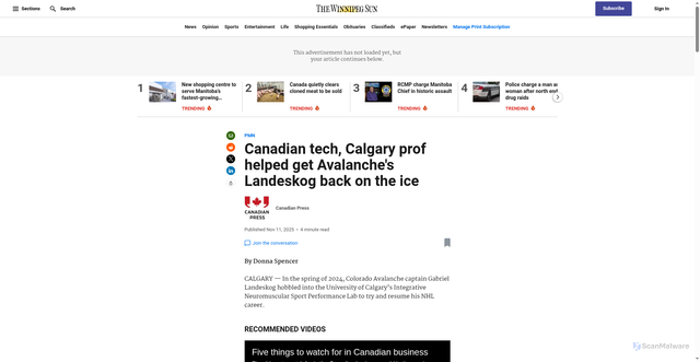 Security scan screenshot of https://winnipegsun.com/pmn/canadian-tech-calgary-prof-helped-get-avalanches-landeskog-back-on-the-ice
