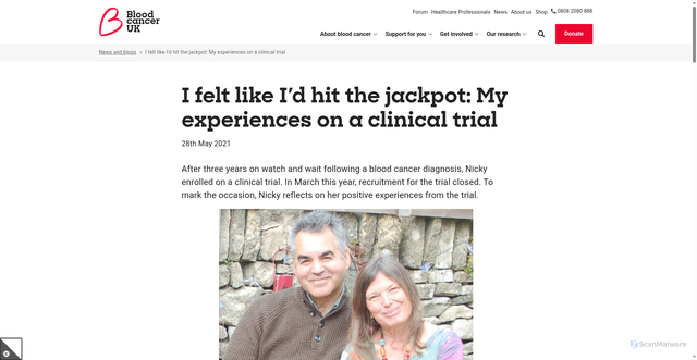 Security scan screenshot of https://bloodcancer.org.uk/news/i-felt-like-id-hit-the-jackpot-my-experiences-on-a-clinical-trial/
