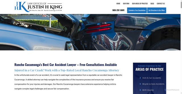 Security scan screenshot of https://justinkinglaw.com/auto-accident-injury-attorney-rancho-cucamonga/