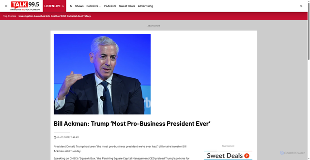 Security scan screenshot of https://www.talk995.com/2025/10/21/bill-ackman-trump-most-pro-business-president-ever/