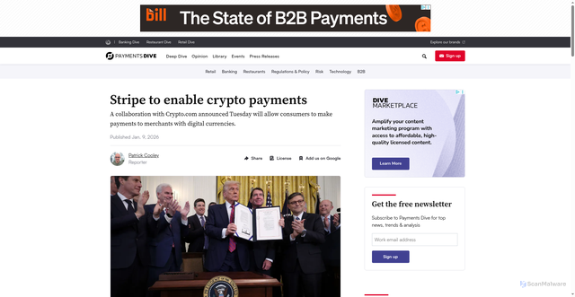 Security scan screenshot of https://www.paymentsdive.com/news/stripe-to-enable-crypto-payments/809214/