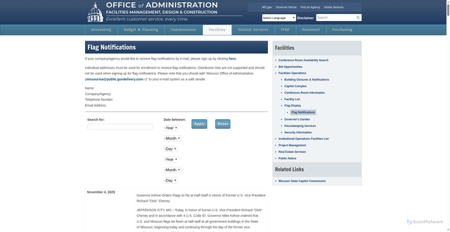 Security scan screenshot of https://oa.mo.gov/facilities/facilities-operations/flag-display/flag-notifications