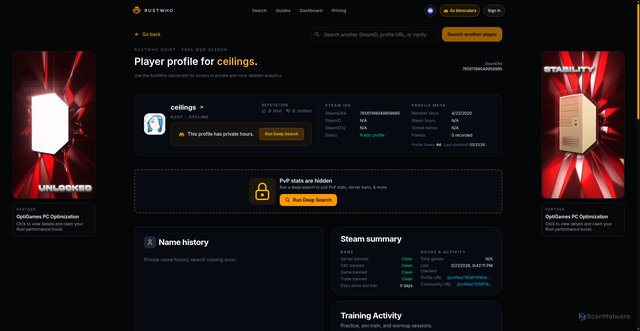 Security scan screenshot of https://www.rustwho.com/stats/76561199049959995
