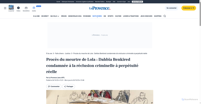 Security scan screenshot of https://www.laprovence.com/article/faits-divers-justice/93353513307251/proces-du-meurtre-de-lola-dahbia-benkired-est-condamnee-a-la-reclusion-criminelle-a-perpetuite-reelle