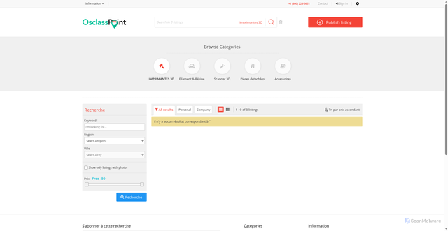 Security scan screenshot of https://3doccaz.fr/index.php?page=search&sCategory=1&sOrder=i_price&iOrderType=asc&sShowAs=list