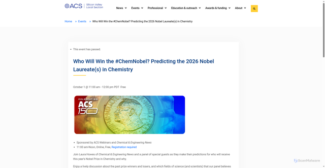 Security scan screenshot of https://www.siliconvalleyacs.org/event/who-will-win-the-chemnobel-predicting-the-2026-nobel-laureates-in-chemistry/