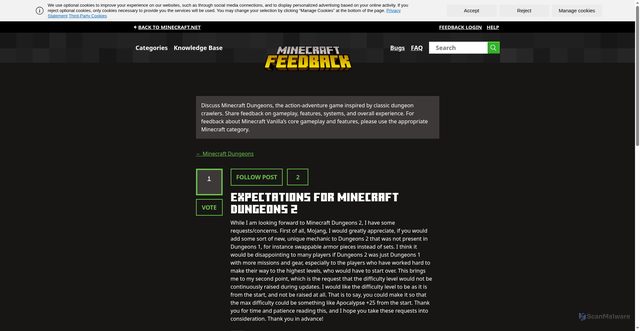 Security scan screenshot of https://feedback.minecraft.net/hc/en-us/community/posts/46286581458829-Expectations-for-Minecraft-Dungeons-2