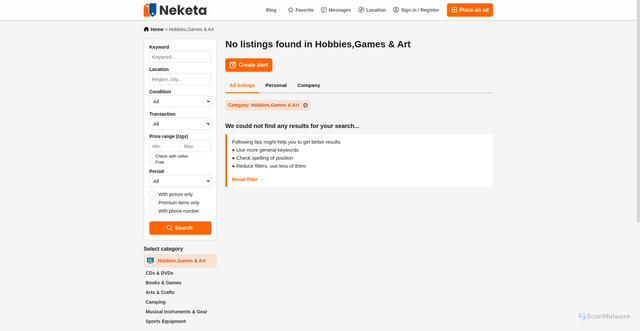 Security scan screenshot of https://neketa.ug/hobbiesgames-art