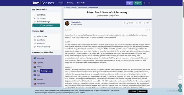 Security scan screenshot of https://www.jamiiforums.com/threads/prison-break-season-1-4-summary.1234172/