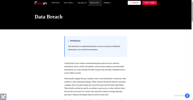 Security scan screenshot of https://www.intel471.com/glossary/data-breach
