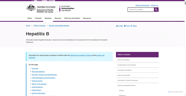 Security scan screenshot of https://immunisationhandbook.health.gov.au/contents/vaccine-preventable-diseases/hepatitis-b