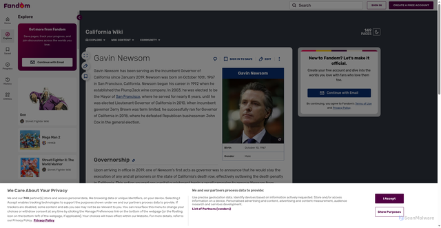 Security scan screenshot of https://california.fandom.com/wiki/Gavin_Newsom