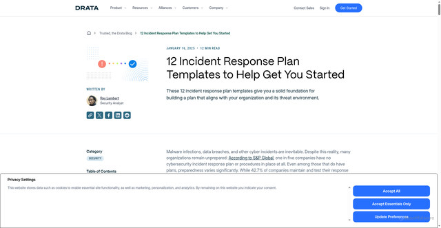 Security scan screenshot of https://drata.com/blog/incident-response-plan-templates