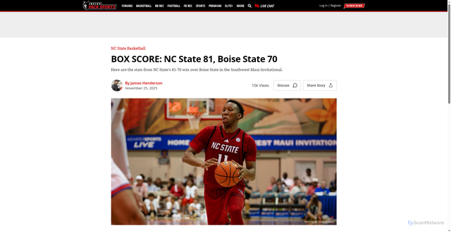 Security scan screenshot of https://insidepacksports.com/s/17421/box-score-nc-state-81-boise-state-70
