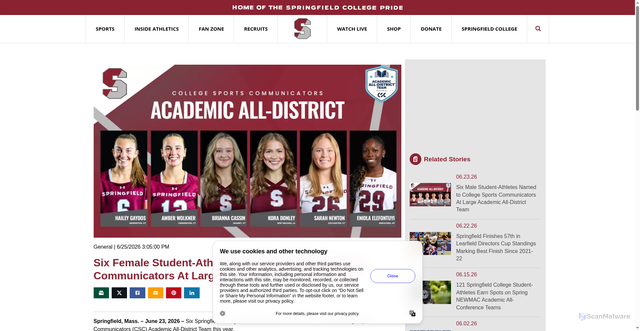 Security scan screenshot of https://springfieldcollegepride.com/news/2026/6/25/general-six-female-student-athletes-named-to-college-sports-communicators-at-large-academic-all-district-team.aspx