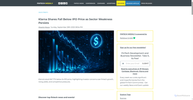 Security scan screenshot of https://www.fintechweekly.com/magazine/articles/klarna-shares-fall-below-ipo