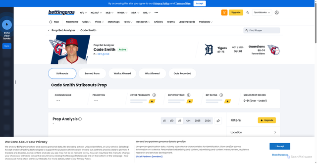 Security scan screenshot of https://www.bettingpros.com/mlb/props/cade-smith/strikeouts/
