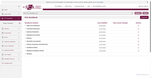 Security scan screenshot of https://handbook.fca.org.uk