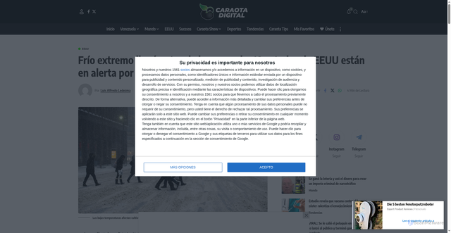 Security scan screenshot of https://caraotadigital.net/eeuu/frio-extremo-llego-antes-de-lo-esperado-10-estados-de-eeuu-estan-en-alerta-por-heladas/