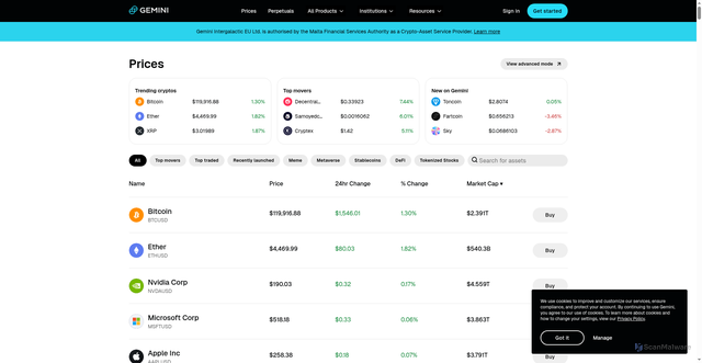 Security scan screenshot of https://www.gemini.com/prices