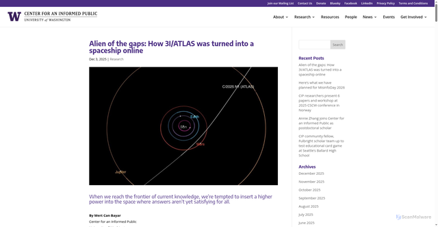 Security scan screenshot of https://www.cip.uw.edu/2025/12/03/3i-atlas-alien-spaceship/