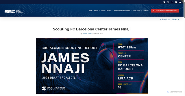 Security scan screenshot of https://sportsbusinessclassroom.com/scouting-fc-barcelona-center-james-nnaji/