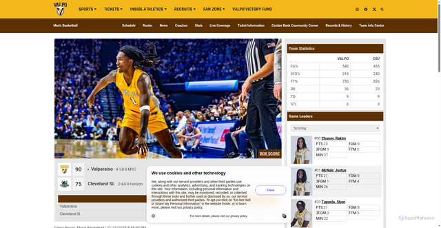 Security scan screenshot of https://valpoathletics.com/news/2025/11/19/mens-basketball-valpo-overcomes-adversity-in-convincing-road-win-over-cleveland-state.aspx