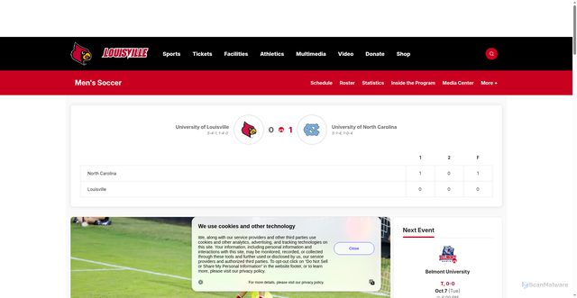 Security scan screenshot of https://gocards.com/news/2025/10/4/mens-soccer-louisville-falls-to-unc-1-0