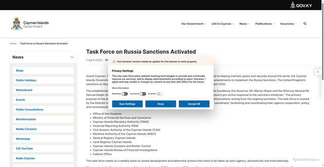 Security scan screenshot of https://gov.ky/w/task-force-on-russia-sanctions-activated
