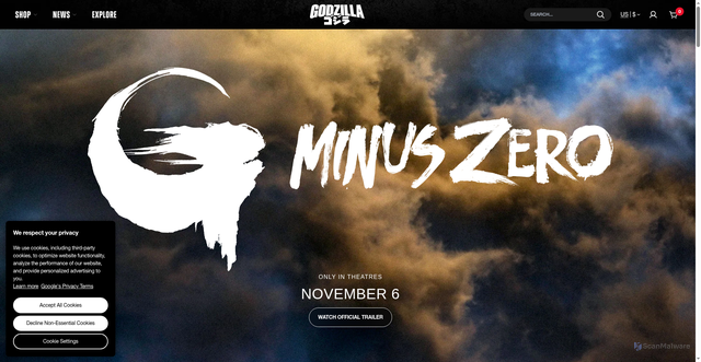 Security scan screenshot of https://godzilla.com/pages/godzilla-minus-zero