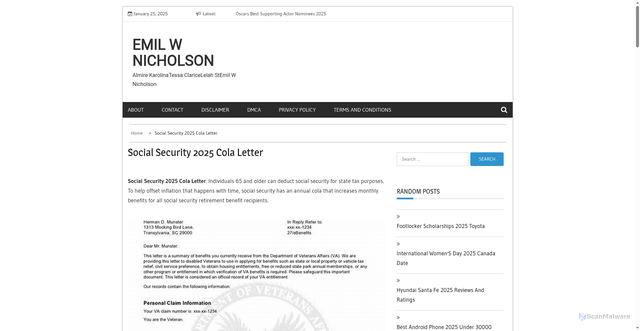 Security scan screenshot of https://emilwnicholsons.pages.dev/yzfcd-social-security-2025-cola-letter-mtybv/