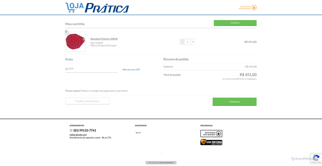 Security scan screenshot of https://loja.praticabr.com/loja/cartService.php?loja=447176&acao=incluir&IdProd=800336