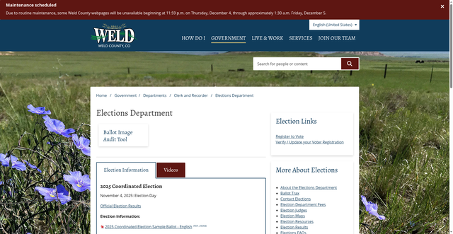 Security scan screenshot of https://www.weld.gov/Government/Departments/Clerk-and-Recorder/Elections-Department