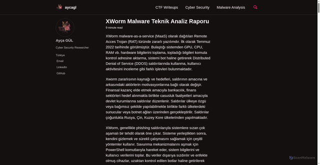 Security scan screenshot of https://aycagl.com/malware%20analysis/XWorm-Malware-Teknik-Analiz-Raporu-97204262733c/