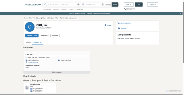Security scan screenshot of https://www.thebluebook.com/iProView/1627369/crb-inc/subcontractors/locations-contacts/