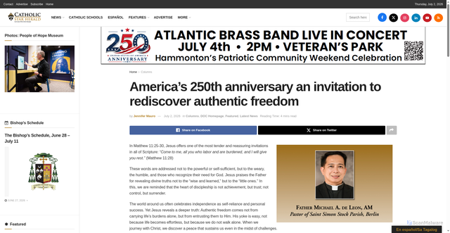 Security scan screenshot of http://catholicstarherald.org/americas-250th-anniversary-an-invitation-to-rediscover-authentic-freedom/