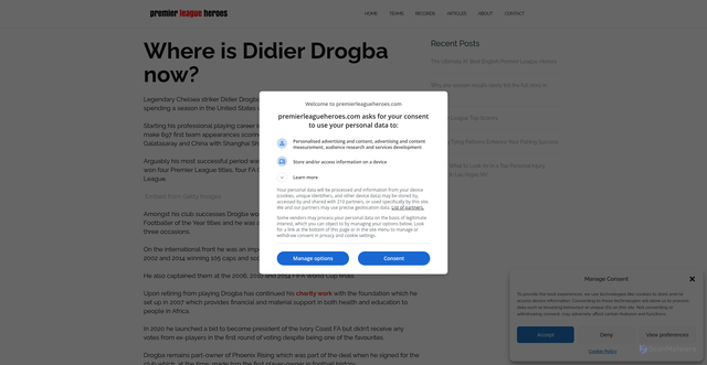 Security scan screenshot of https://www.premierleagueheroes.com/didier-drogba/