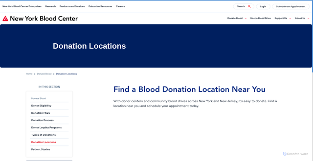 Security scan screenshot of https://www.nybc.org/donate-blood/donation-locations/