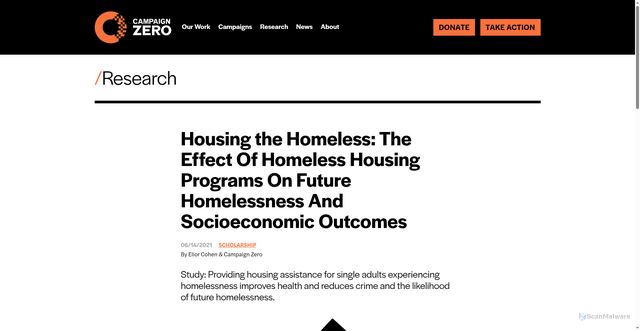 Security scan screenshot of https://campaignzero.org/research/housing-the-homeless-the-effect-of-homeless-housing-programs-on-future-homelessness-and-socioeconomic-outcomes/