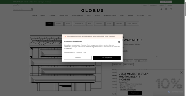 Security scan screenshot of https://www.globus.ch/stores/zurich?sc_src=email_4216723&sc_lid=290195807&sc_uid=zP3R20i424&sc_llid=231796&sc_customer=0327f37c9208167d9b0b5fb90d68e28589aef0066bddedd98d9d5328a5adbcbc&utm_source=newsletter_de&utm_medium=email&utm_campaign=20260902_prom_homedays_start_DE_4216723&guid=0327f37c9208167d9b0b5fb90d68e28589aef0066bddedd98d9d5328a5adbcbc&utm_content=