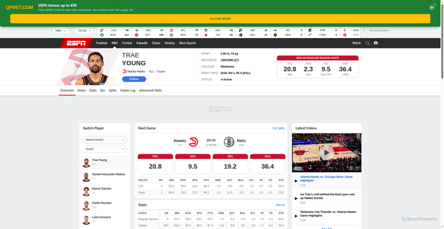 Security scan screenshot of https://espnsprot.com/?nba%2Fplayer%2F_%2Fid%2F4277905%2Ftrae-young=