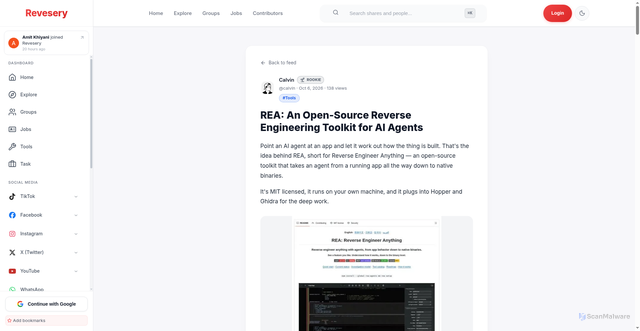 Security scan screenshot of https://revesery.com/@calvin/rea-an-open-source-reverse-engineering-toolkit-for-ai-agents-muxaafdg